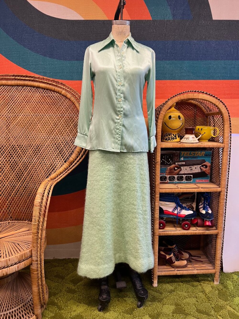 NWT Vintage 70s Dressy Satin Shirt Fuzzy Maxi Skirt Mint Green Party Set 6 Small